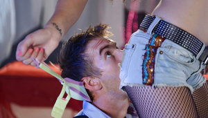 Raunchy teen hottie Alicia posing topless in ripped pantyhose